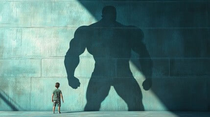 Little Kid Boy Imagines Strong Man Shadow on Wall. Childhood Dream of Being Strong Adult. Kids Imagination and Wishes Concept