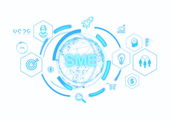 Image of SME business concept surrounded by icons representing various business elements. Blue and white color scheme on a white background. Concept of business growth and strategy
