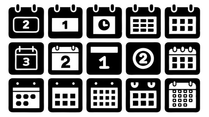 Calendar Icon Set. Features editable time management symbols. Includes icons for months, days, weeks, reminders, and more. Perfect for websites, and apps related to scheduling, planning, and events.