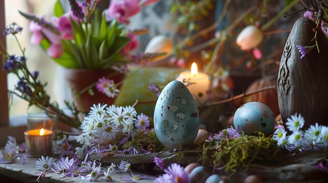 Decorating a ritual space for Ostara, with eggs, flowers, candles, and...