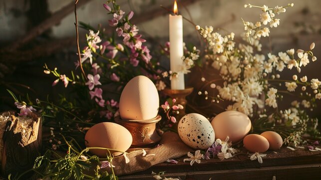 Decorating a ritual space for Ostara, with eggs, flowers, candles, and...