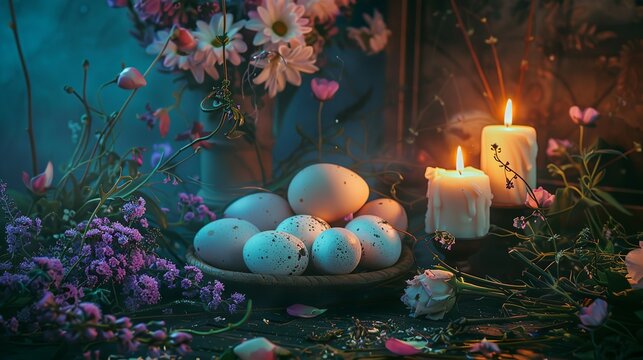 Decorating a ritual space for Ostara, with eggs, flowers, candles, and...
