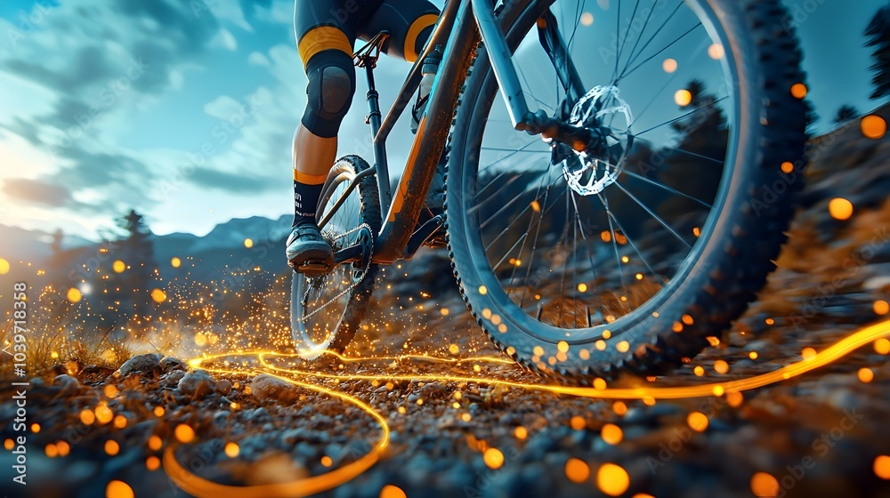 Poster glowing digital mesh lines tracing the route of a bicyclist on a sunny outdoor trail creating a dyna