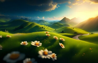 Fototapeta premium A winding river flows through a rolling green valley, surrounded by mountains and a bright blue sky.