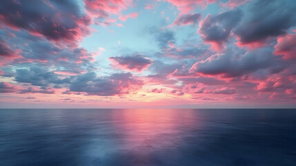 Obraz premium Pink and Blue Sky with Clouds Over Calm Ocean - Realistic Image