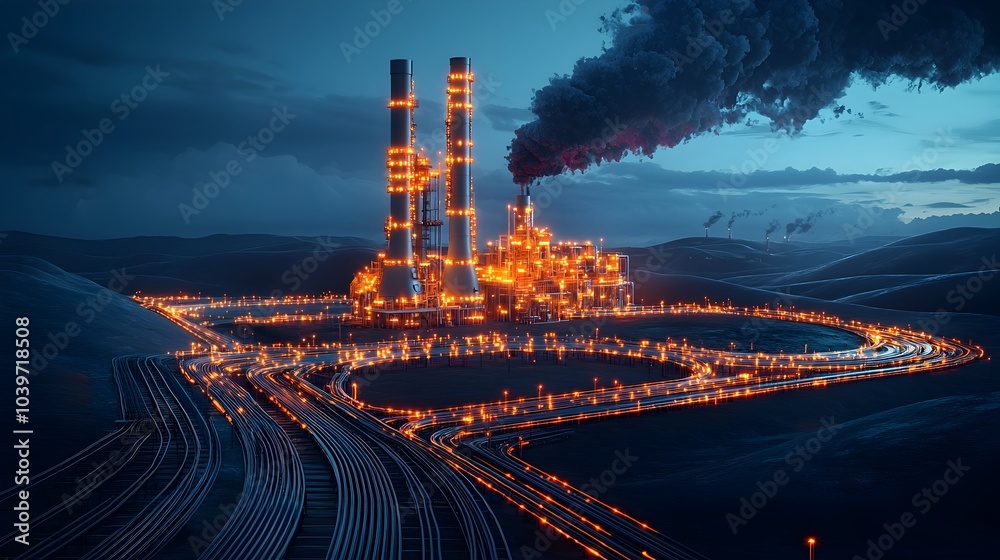 Leinwandbilder glowing futuristic mesh network of interconnected oil pipelines and conduits linking various refiner