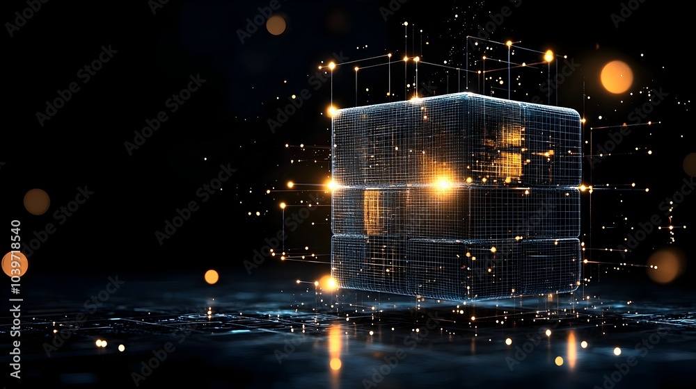 Aufkleber Glowing futuristic wireframe cube with mesh lines and edges in a digital 3D rendering  Abstract geometric shape with a modern technological and architectural aesthetic