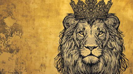 Powerful Lion in Crown on Textured Gold Background Intricate Hand-drawn Design