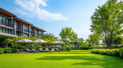 A lush green lawn with lounge chairs and white umbrellas in front of a modern hotel building.