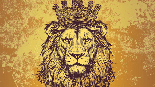 Majestic Lion With Crown Hand-drawn on Elegant Textured Gold Background