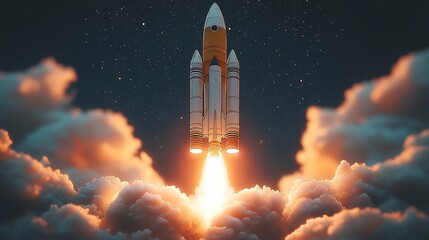 A rocket launching into space amidst clouds and stars, symbolizing exploration and technology.