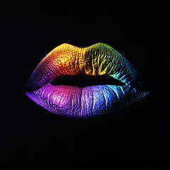 Naklejka premium Vibrant Rainbow Lips on Black: Colorful Lip Art Close-Up