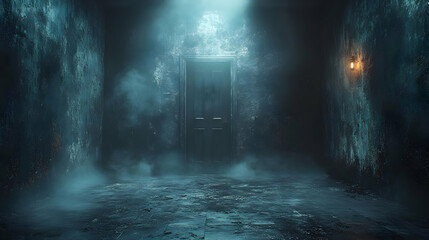 Dark Hallway with Fog and Door 3D Illustration