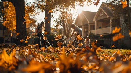 Family raking leaves in their front yard, with children jumping into the...