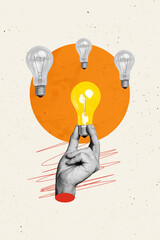 Vertical composite collage artwork image picture of arm hold light bulb isolated on creative...