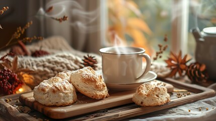 Freshly baked scones on a wooden tray, with fall-themed decorations in the...