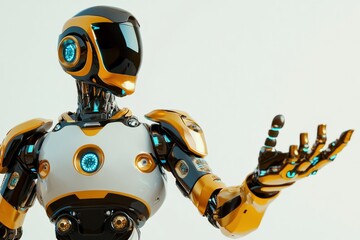 Male Robot presenting with Copy Space for Message. 3D Rendering of Robotic Android Introducing Business Presentation