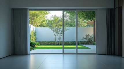 Obraz premium A minimalist living room with large glass doors leading to a modern backyard with lush greenery.