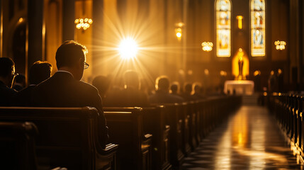 A confession line forms in a Catholic church in Manhattan, with a bishop leading the Eucharistic Adoration, the faithful awaiting reconciliation before the true presence of Jesus i