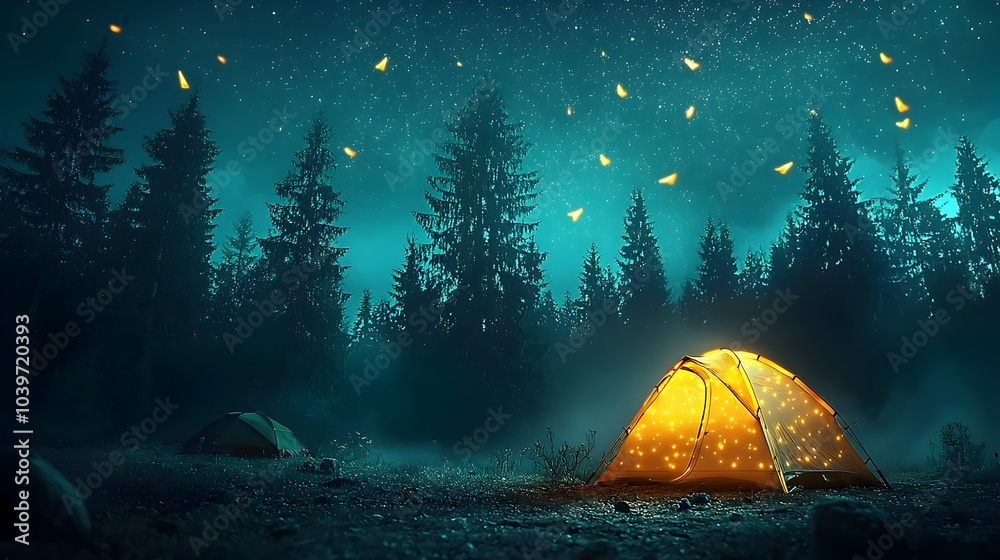 Poster glowing mesh camping tent illuminating the enchanting forest nightscape with captivating neon light 