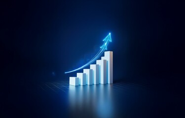 A glowing blue arrow ascends over a white bar graph in a dark blue space.