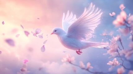 Naklejka premium graceful bird with feathers resembling soft, pastel petals that glow faintly in the sky. 