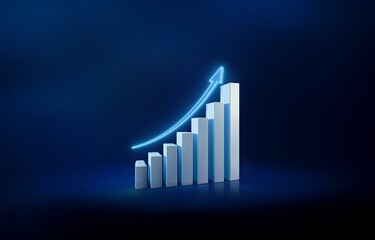 A white bar graph with a glowing blue arrow ascending to the right.  The bar graph is set on a dark blue background.