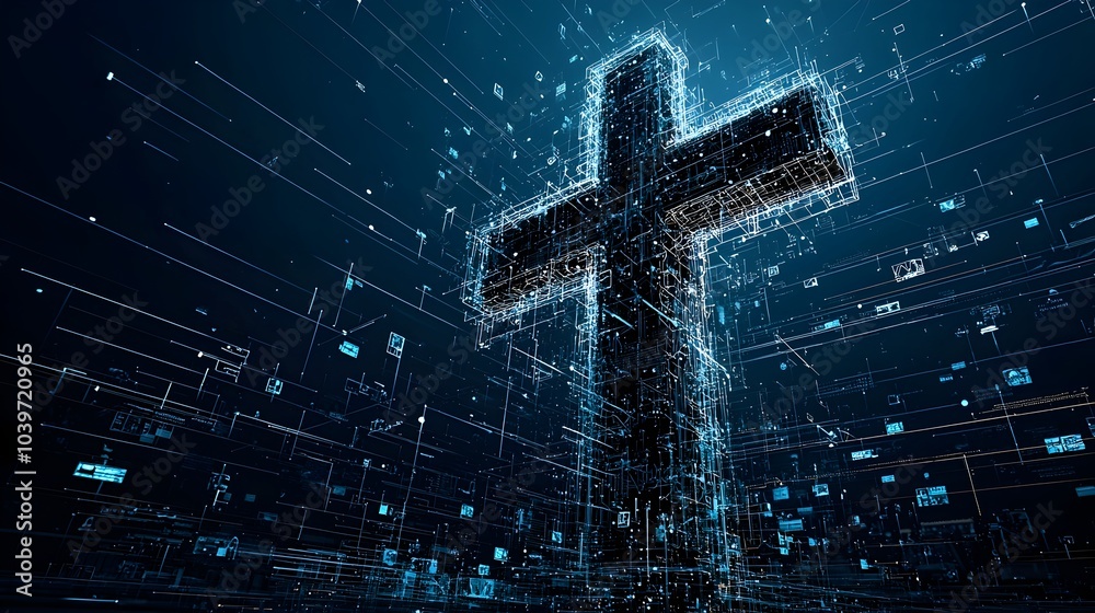 Poster Glowing mesh cross with radiant lines tracing the outline of church windows creating a captivating abstract and spiritual digital