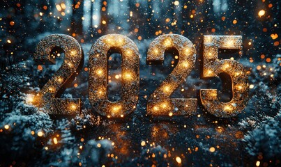 Illuminated 2025 numbers in a festive winter scene with glowing lights and snowflakes Generative AI