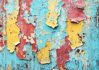 Colorful peeling paint on a rusty metal surface in pink, yellow, and turquoise Generative AI