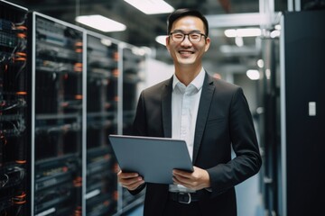 Smiling technician with laptop in server room computer glasses adult.