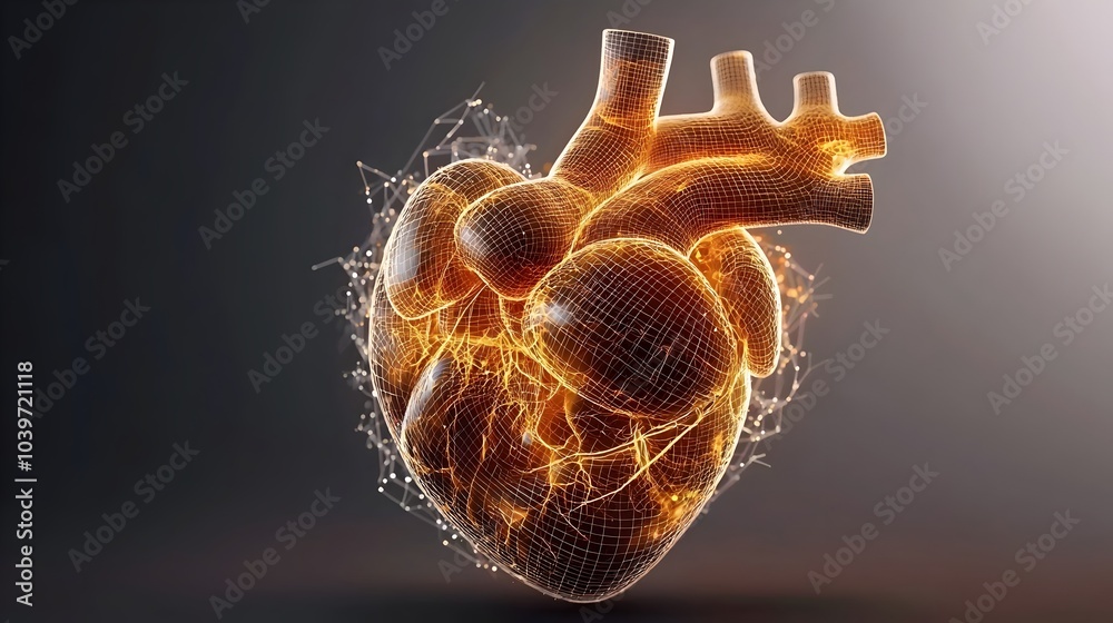 Aufkleber Glowing mesh diagram visualization depicting the intricate cardiovascular system of the human heart with pulsing arteries and veins in an abstract digital