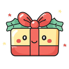 a charming kawaii illustration of a gift box with a happy face, adorned with a red bow and holly leaves, emphasizing a festive and cheerful theme.