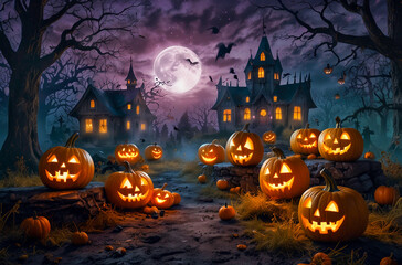A mystical Halloween night with a glowing moon, enchanted forest, carved pumpkins, and a witch casting spells amidst floating ghosts and bats, creating a vibrant, spooky, and magical atmosphere.
