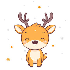 Adorable cartoon reindeer with antlers, smiling on a transparent background with snowflakes