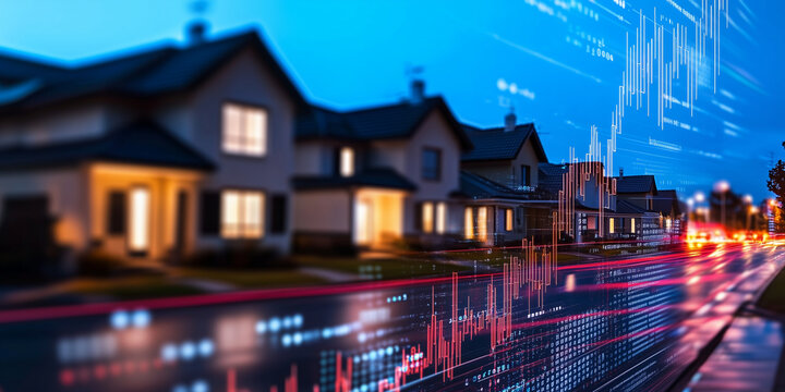 An upscale neighborhood with elegant homes, framed by graphs and statistics that show the steady appreciation of property values in the housing market.
