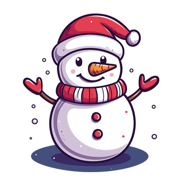 Smiling snowman with a carrot nose, wearing a santa hat and scarf, isolated on a transparent background