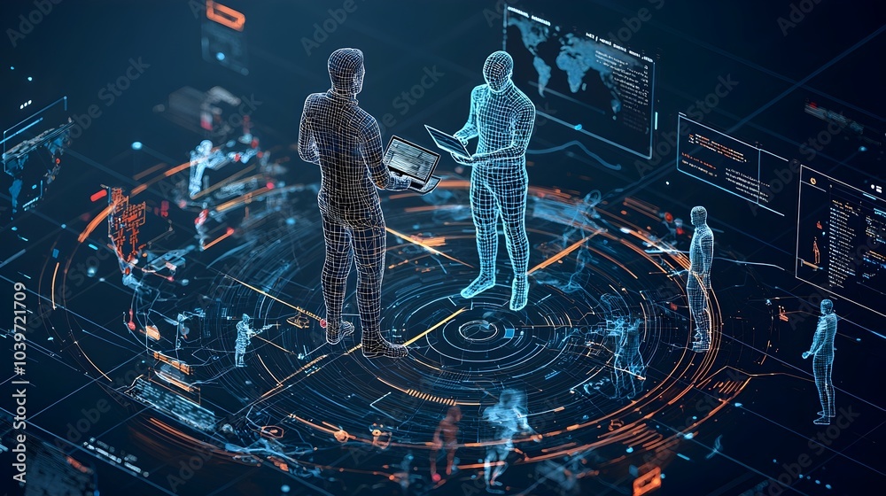 Aufkleber Glowing mesh figures forming a virtual meeting between remote workers on digital screens representing modern technology driven and communication in the workplace