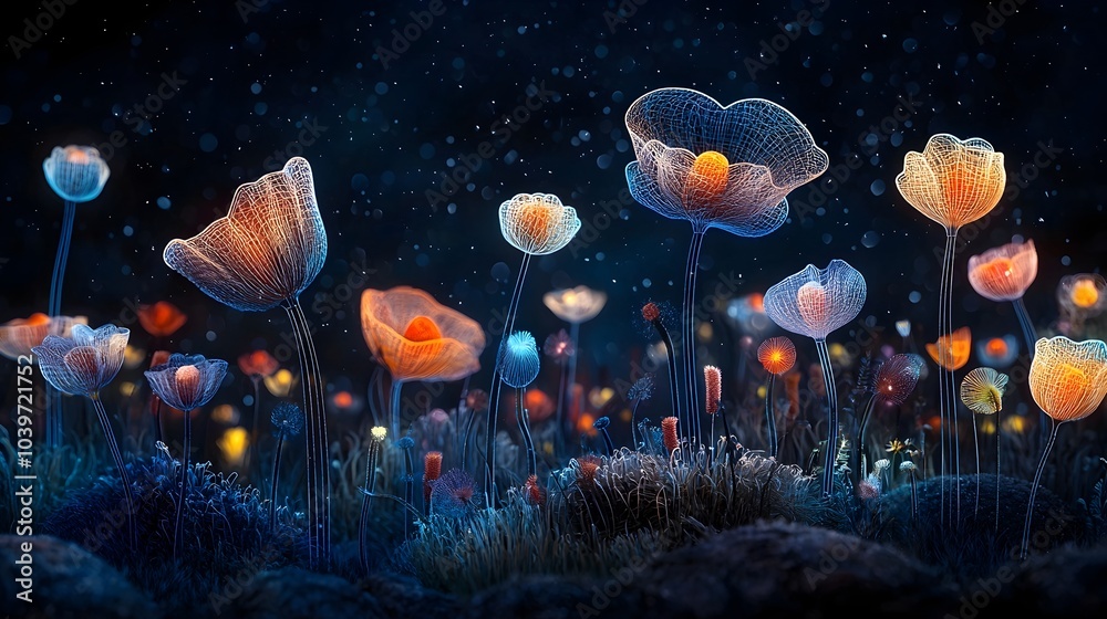 Poster Glowing mesh flowers in a mystical night garden setting forming captivating abstract shapes and patterns that evoke a sense of dreamlike wonder and tranquility