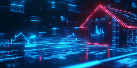 A futuristic vision of a smart home surrounded by investment graphs and glowing arrows, representing the modern opportunities in the housing market.