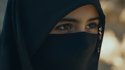 Naklejka premium Close-up of a woman in a black hijab and face covering, gazing softly to the side with a blurred background, creating a serene atmosphere.