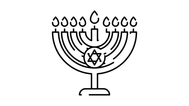 Animated linear icon. Hanukkah Jewish traditional Menorah candlestick with lit candles and six pointed Star of David. Simple black and white looped video isolated on white background