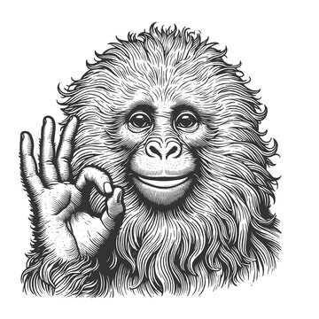 recommend clip art: Monkey animal hand with ok gesture sketch engraving generative ai raster illustration. Good sign. Scratch board style imitation. 