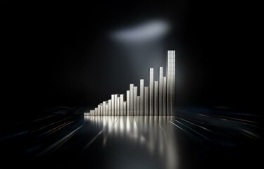 Naklejka premium A silver bar graph ascends against a black background with soft light illuminating the bars.