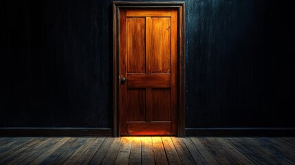 A wooden door, surrounded by darkness.