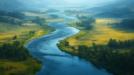 Obraz premium A winding river flows through a lush green valley, surrounded by hills and mist in the early morning.