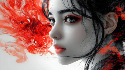 Digital Art Illustration of a Woman with Red and Black Swirls
