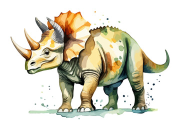 Hand drawn watercolor painting of a triceratops dinosaur isolated on a white background. Collection of reptiles vector illustration.  © Kristina