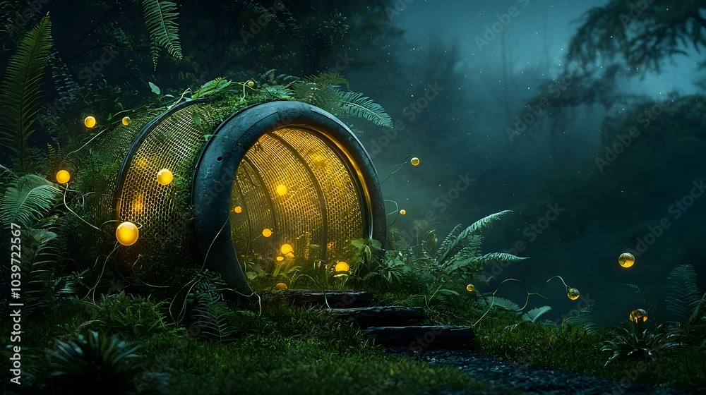 Poster glowing mesh like tendrils intertwining and flowing across a vibrant lush botanical landscape of exo