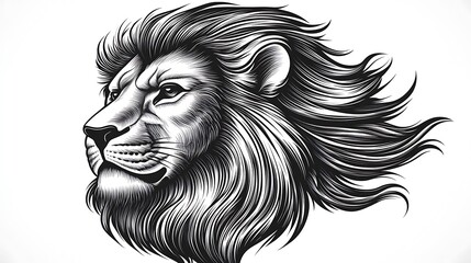 Obraz premium Elegant minimalist sketch of a lion’s face, with emphasis on the flowing mane and sharp eyes, drawn with soft and fluid lines on a clean white background, capturing its majestic aura, hd quality,